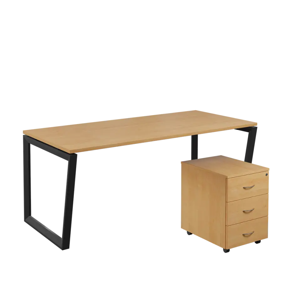 SET-V 388 stůl kancelářský, kovová podnož černá + kontejner pojízdný, 3-zásuvkový, javor horský