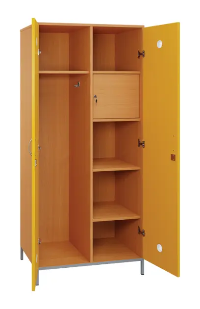 SLN - 83S šatní skříň dřevěná, 2-dveřová, háček, police, trezor, 1800 x 800 x 500, kovové nohy, korp SLN - 83S šatní skříň dřevěná, 2-dveřová, háček, police, trezor, 1800 x 800 x 500, kovové nohy, korpus buk royal/ dveře žlutá odio