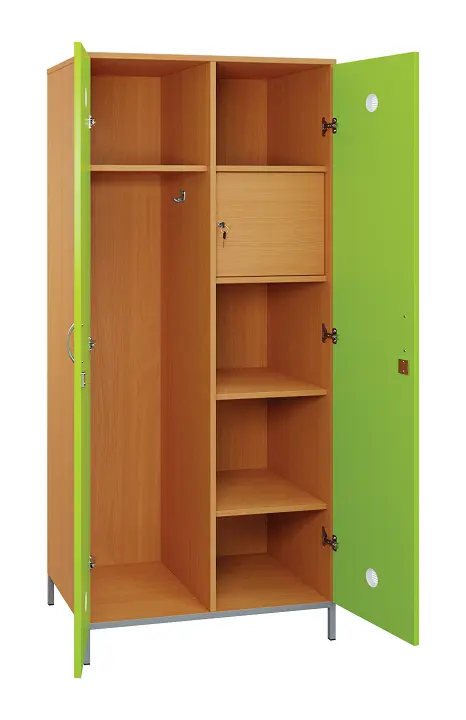 SLN - 83S šatní skříň dřevěná, 2-dveřová, háček, police, trezor, 1800 x 800 x 500, kovové nohy, korpus buk royal/ dveře jarní zeleň