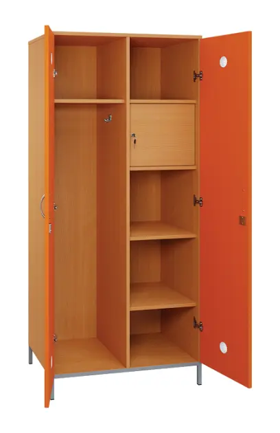 SLN - 83S šatní skříň dřevěná, 2-dveřová, háček, police, trezor, 1800 x 800 x 500, kovové nohy, korpus buk royal/ dveře pomeranč