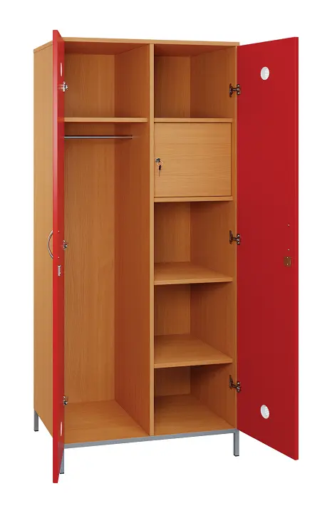 SLN - 83T šatní skříň dřevěná, 2-dveřová, šatní tyč, police, trezor, 1800 x 800 x 500, kovové nohy, korpus buk royal/dveře červená flamengo