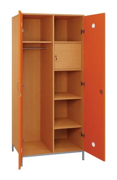 SLN - 83T šatní skříň dřevěná, 2-dveřová, šatní tyč, police, trezor, 1800 x 800 x 500, kovové nohy, korpus buk royal/dveře pomeranč