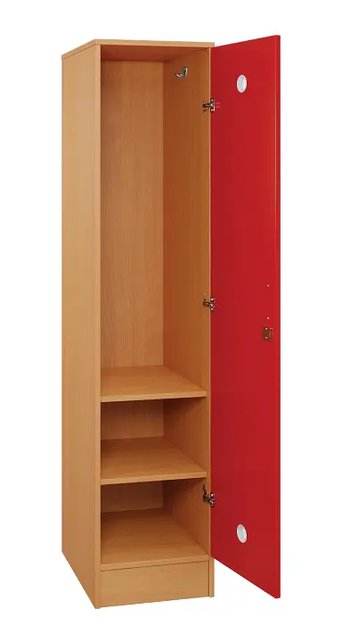 SLS - 42S šatní skříň dřevěná, 1-dveřová, háček, 1800 x 400 x 500, sokl, korpus buk royal/dveře červená flamengo