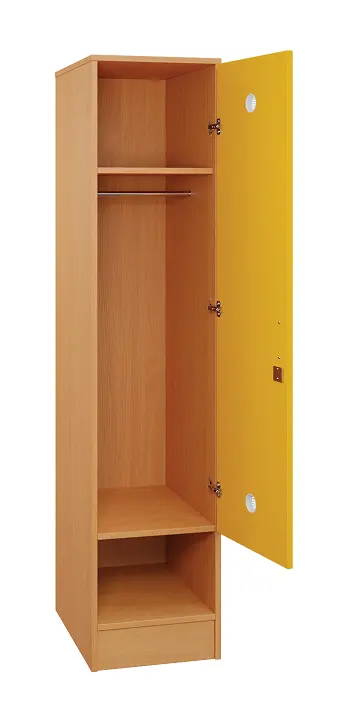 SLS - 44T šatní skříň dřevěná, 1-dveřová, šatní tyč, 1800 x 400 x 500, sokl, korpus buk royal/dveře žlutá odio