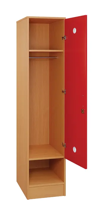 SLS - 44T šatní skříň dřevěná, 1-dveřová, šatní tyč, 1800 x 400 x 500, sokl, korpus buk royal/dveře červená flamengo