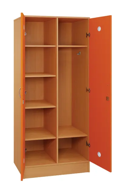 SLS - 81S šatní skříň dřevěná, 2-dveřová, háček, police, 1800 x 800 x 500, sokl, korpus buk royal/dveře pomeranč