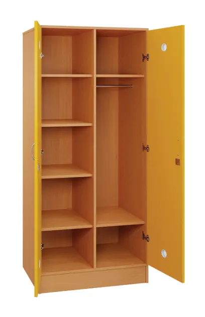 SLS - 81T šatní skříň dřevěná, 2-dveřová, šatní tyč, police, 1800 x 800 x 500, sokl, korpus buk royal/dveře žlutá odio