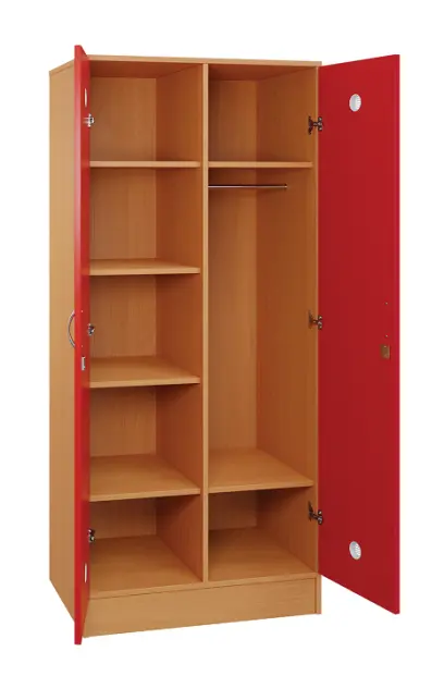 SLS - 81T šatní skříň dřevěná, 2-dveřová, šatní tyč, police, 1800 x 800 x 500, sokl, korpus buk royal/dveře červená flamengo
