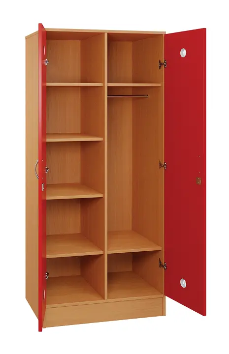 SLS - 81T šatní skříň dřevěná, 2-dveřová, šatní tyč, police, 1800 x 800 x 500, sokl, korpus buk royal/dveře červená flamengo