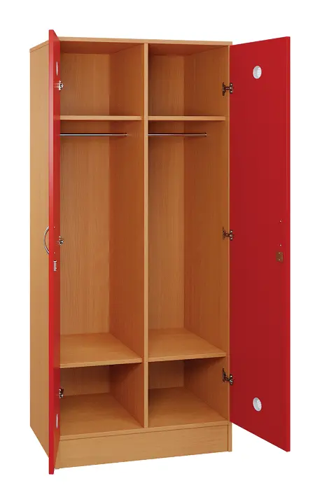 SLS - 82T šatní skříň dřevěná, 2-dveřová, šatní tyč, 1800 x 800 x 500, sokl, korpus buk royal/dveře červená flamengo