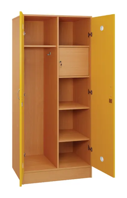 SLS - 83S šatní skříň dřevěná, 2-dveřová, háček, police, trezor, 1800 x 800 x 500, sokl, korpus buk royal/dveře žlutá odio