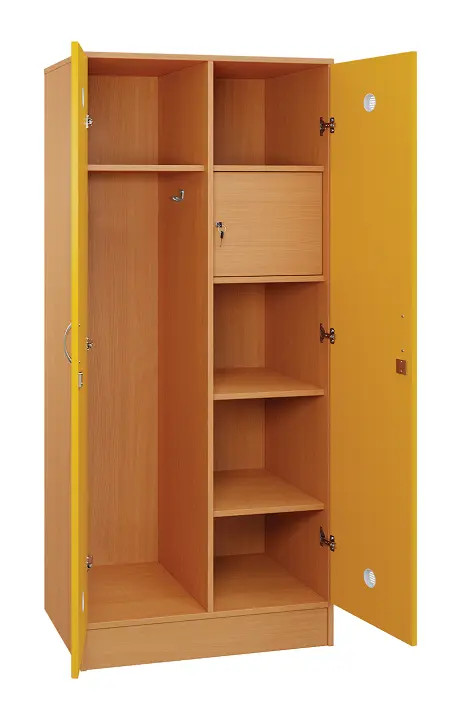 SLS - 83S šatní skříň dřevěná, 2-dveřová, háček, police, trezor, 1800 x 800 x 500, sokl, korpus buk royal/dveře žlutá odio