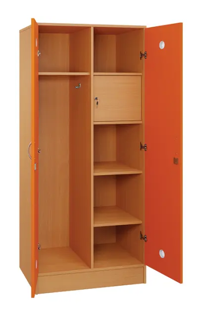 SLS - 83S šatní skříň dřevěná, 2-dveřová, háček, police, trezor, 1800 x 800 x 500, sokl, korpus buk royal/dveře pomeranč
