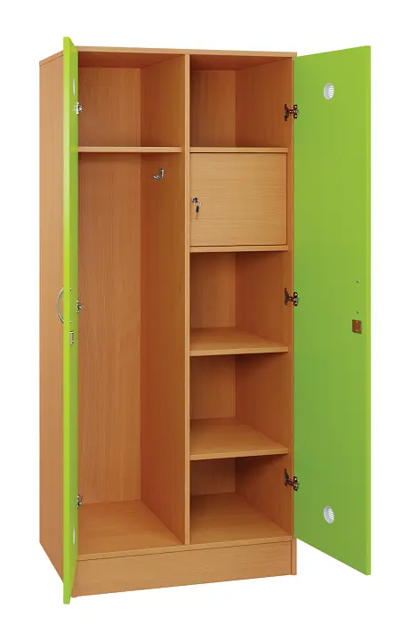 SLS - 83S šatní skříň dřevěná, 2-dveřová, háček, police, trezor, 1800 x 800 x 500, sokl, korpus buk royal/dveře jarní zeleň