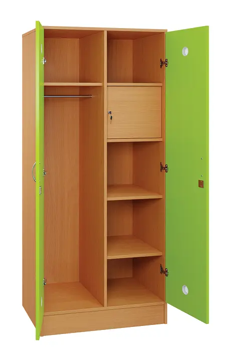 SLS - 83T šatní skříň dřevěná, 2-dveřová, šatní tyč, police, trezor, 1800 x 800 x 500, sokl, korpus buk royal/dveře jarní zeleň