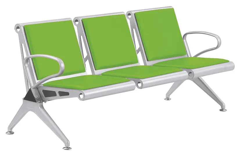 SPRING PU 3, kovová lavice do čekárny, 3-sedák, eko-kůže zelená, kostra stříbrná