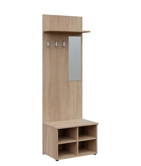 VN - 05 stěna věšáková 600x400x2150 mm, poličky, zrcadlo, 3-háček Laura, lamino - dub bardolino