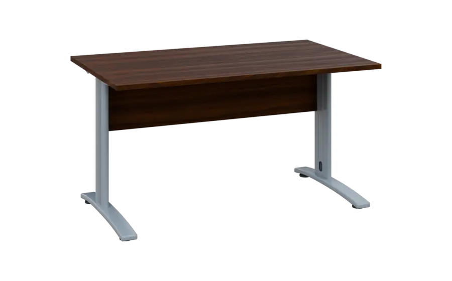 OPK 28 - 14 stůl kancelářský, kovová podnož stříbrná, deska 25 mm, široký 1400 mm, ořech královský