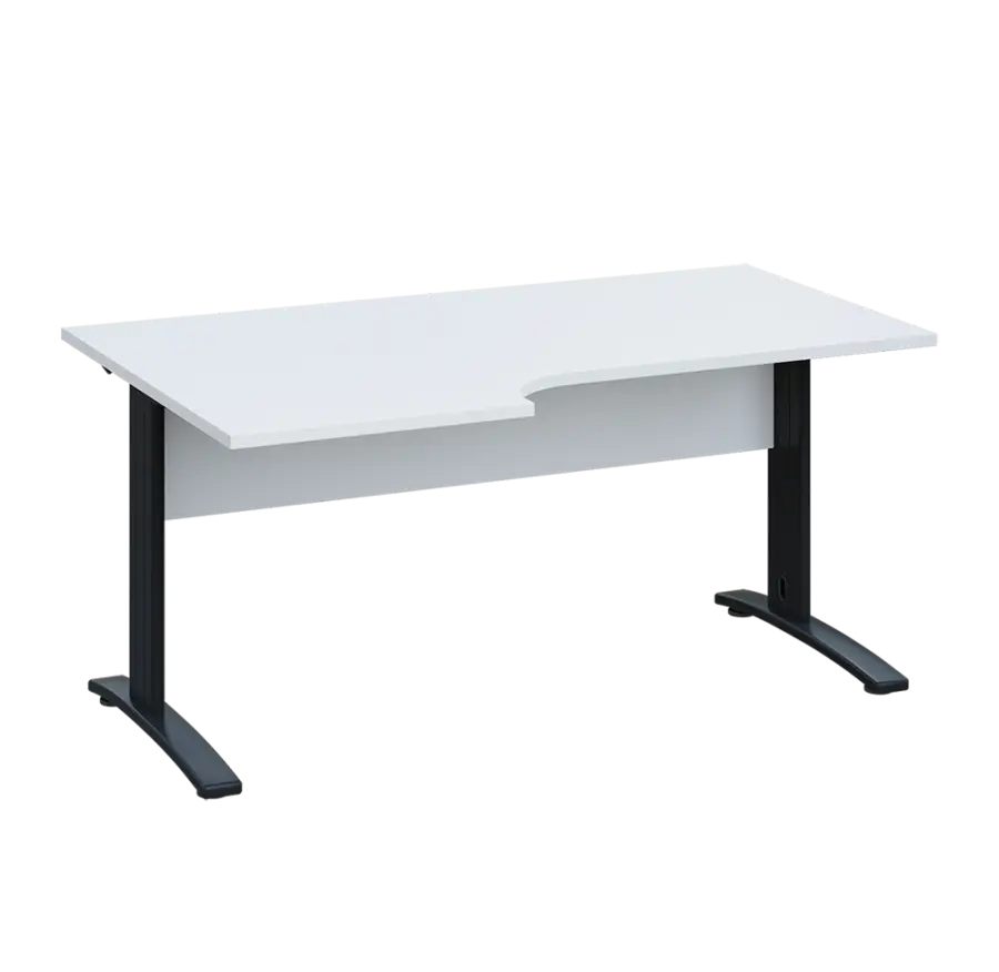 LKR 28 - 166 stůl kancelářský, rohový, levý, kovová podnož černá, deska 25 mm, široký 1600 mm, bílá