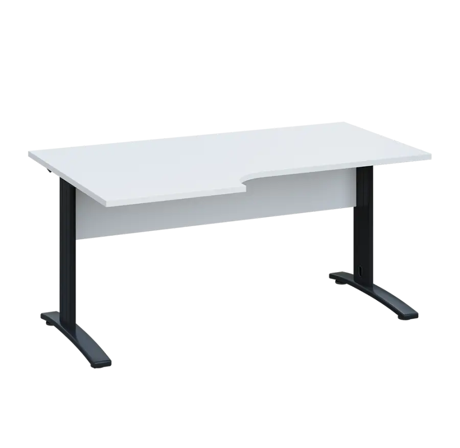 LKR 28 - 166 stůl kancelářský, rohový, pravý, kovová podnož černá, deska 25 mm, široký 1600 mm, bílá