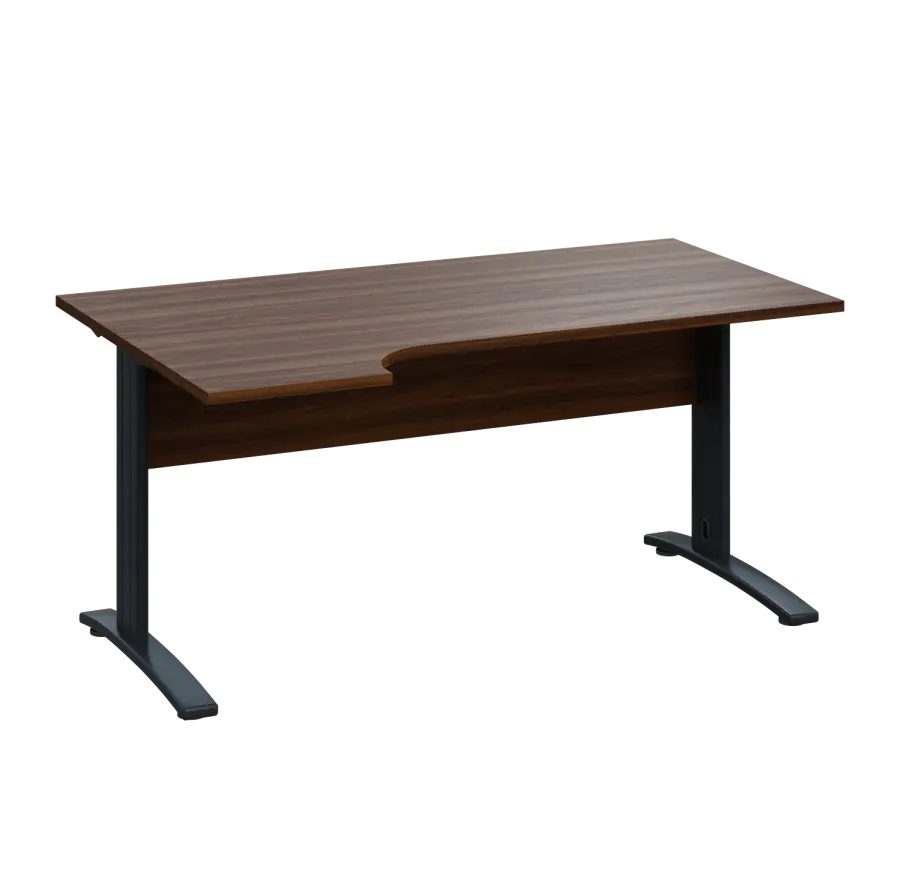 LKR 28 - 164 stůl kancelářský, rohový, levý, kovová podnož černá, deska 25 mm, široký 1600 mm, ořech královský
