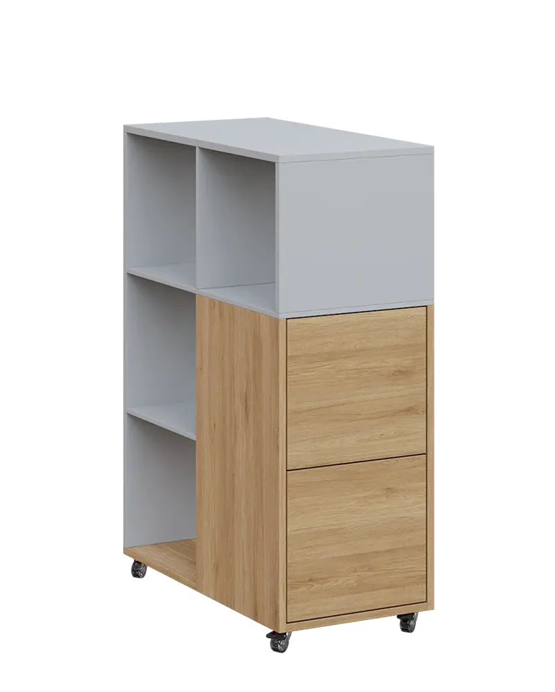 AERO 32 P kancelářská skříň, 2-dveřová/4 niky, pravá, 1100x400x800, kolečka, platinově bílá/dub fjord