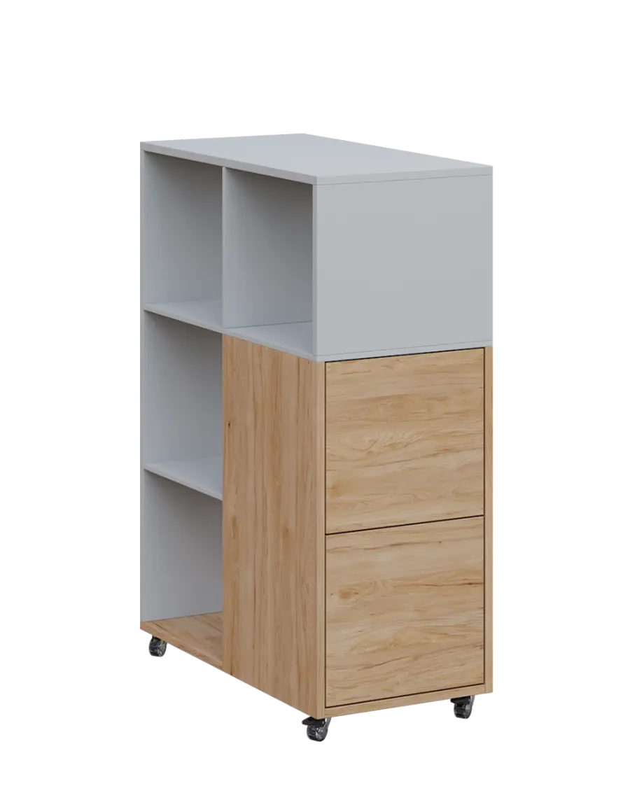 AERO 32 P kancelářská skříň, 2-dveřová/4 niky, pravá, 1100x400x800, kolečka, šedá/dub hickory