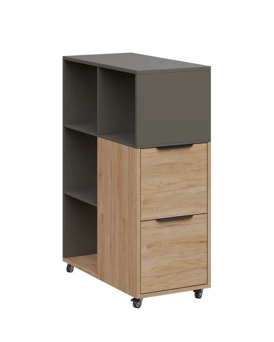 AERO 32 P kancelářská skříň, 2-dveřová/4 niky, pravá, 1100x400x800, kolečka, šedá/dub hickory