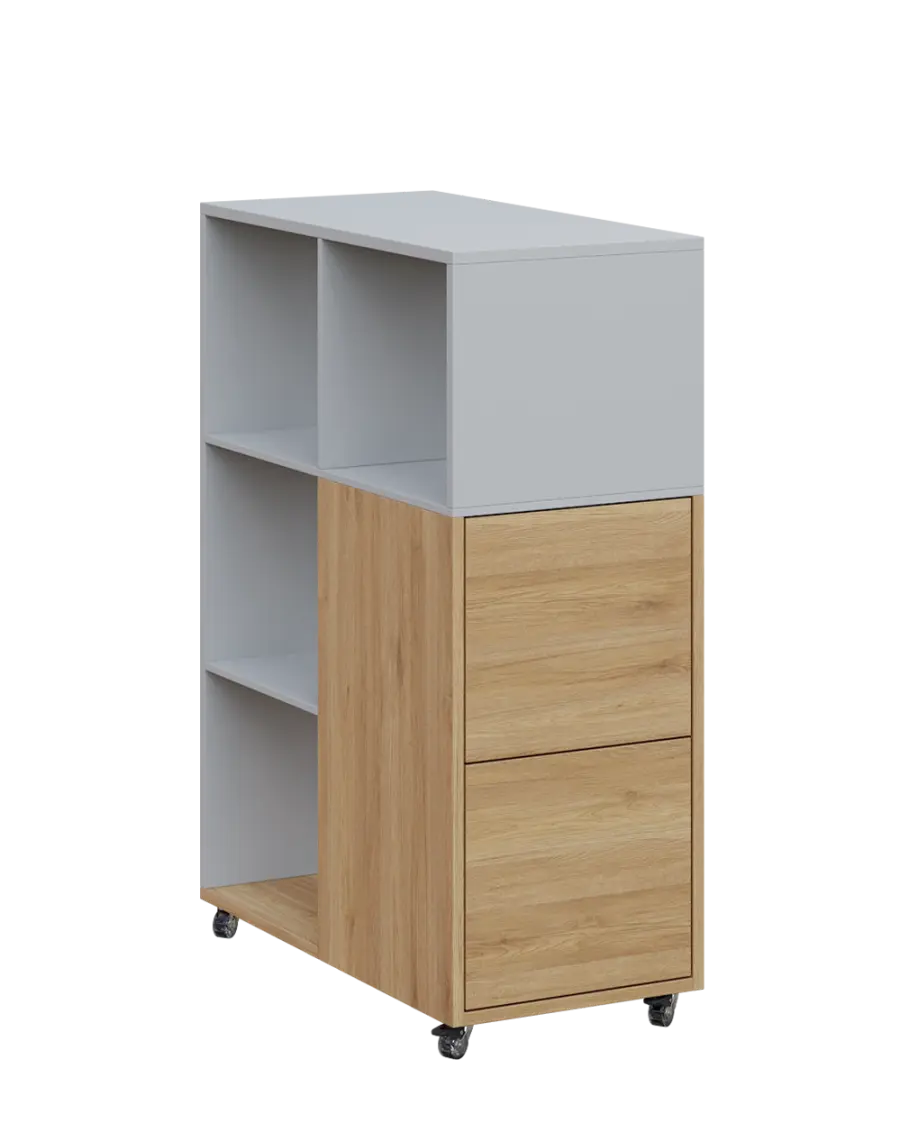 AERO 32 P kancelářská skříň, 2-dveřová/4 niky, pravá, 1100x400x800, kolečka, šedá/dub fjord