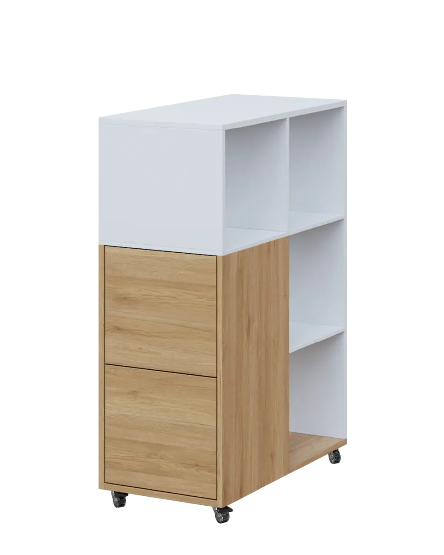 AERO 32 L kancelářská skříň, 2-dveřová/4 niky, levá, 1100x400x800, kolečka, platinově bílá/dub fjord