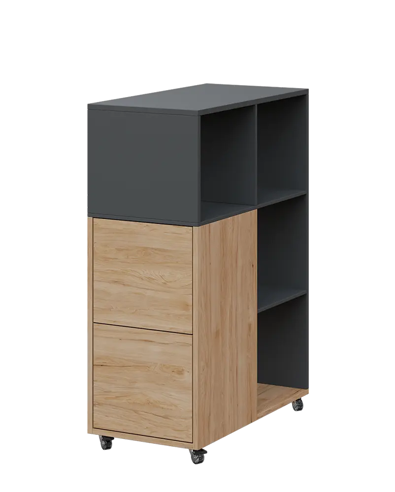 AERO 32 L kancelářská skříň, 2-dveřová/4 niky, levá, 1100x400x800, kolečka, antracit/dub hickory