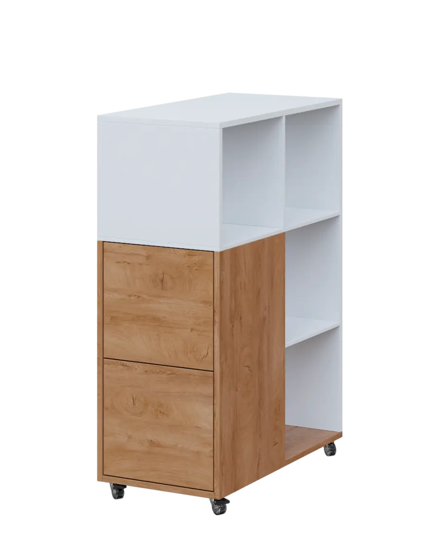 AERO 32 L kancelářská skříň, 2-dveřová/4 niky, levá, 1100x400x800, kolečka, platinově bílá/dub klasik