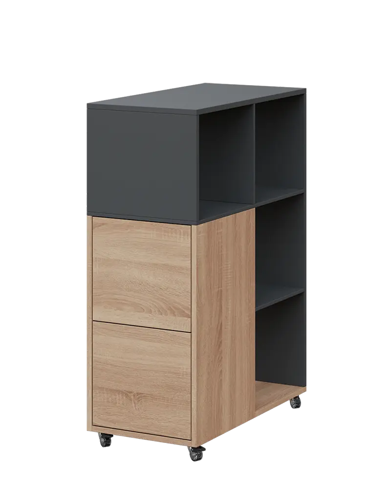 AERO 32 L kancelářská skříň, 2-dveřová/4 niky, levá, 1100x400x800, kolečka, antracit/dub bardolino