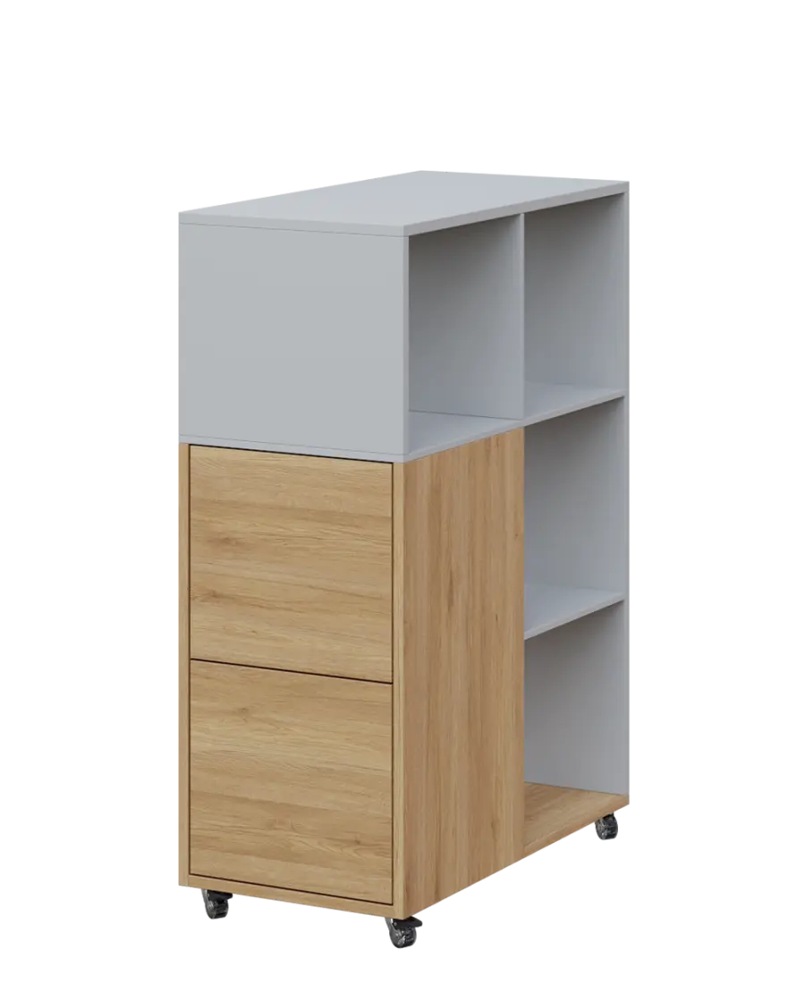 AERO 32 L kancelářská skříň, 2-dveřová/4 niky, levá, 1100x400x800, kolečka, šedá/dub fjord