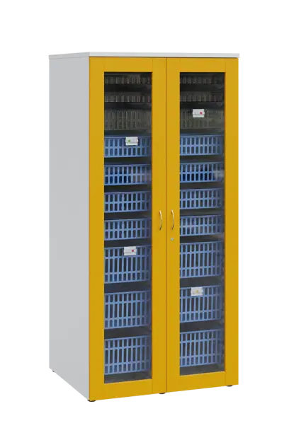 MEDICAL S - 90 skříň léková boxová, 1950 x 900 x 735, prosklená, korpus bílá, dvířka žlutá odio
