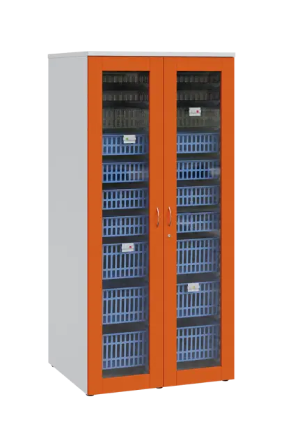 MEDICAL S - 90 skříň léková boxová, 1950 x 900 x 735, prosklená, korpus bílá, dvířka pomeranč