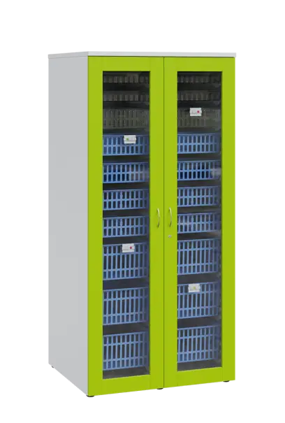 MEDICAL S - 90 skříň léková boxová, 1950 x 900 x 735, prosklená, korpus bílá, dvířka jarní zeleň