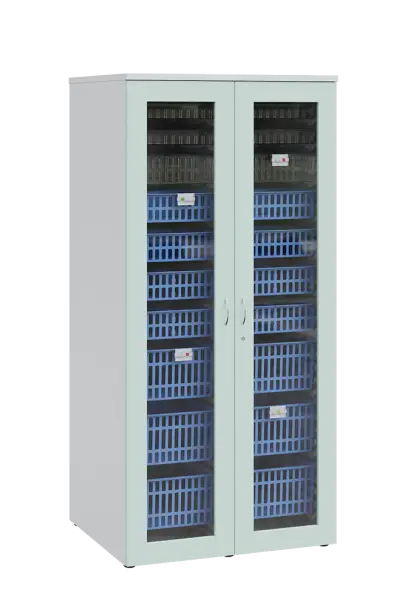 MEDICAL S - 90 skříň léková boxová, 1950 x 900 x 735, prosklená, korpus bílá, dvířka šedo-zelinkavá
