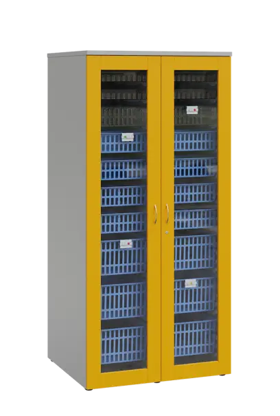 MEDICAL S - 90 skříň léková boxová, 1950 x 900 x 735, prosklená, korpus šedá, dvířka žlutá odio