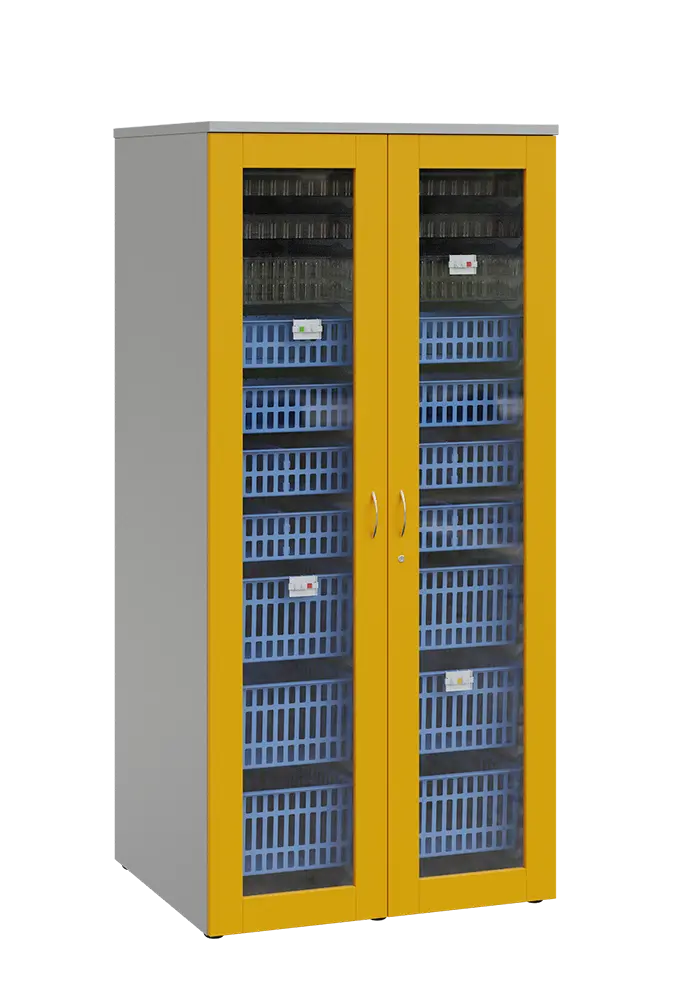 MEDICAL S - 90 skříň léková boxová, 1950 x 900 x 735, prosklená, korpus šedá, dvířka žlutá odio