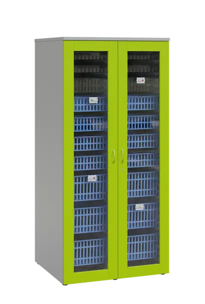 MEDICAL S - 90 skříň léková boxová, 1950 x 900 x 735, prosklená, korpus šedá, dvířka jarní zeleň