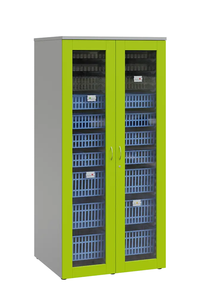 MEDICAL S - 90 skříň léková boxová, 1950 x 900 x 735, prosklená, korpus šedá, dvířka jarní zeleň