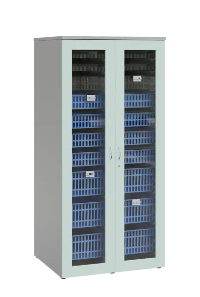 MEDICAL S - 90 skříň léková boxová, 1950 x 900 x 735, prosklená, korpus šedá, dvířka šedo-zelinkavá