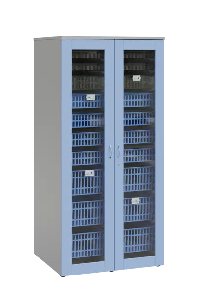 MEDICAL S - 90 skříň léková boxová, 1950 x 900 x 735, prosklená, korpus šedá, dvířka blankyt