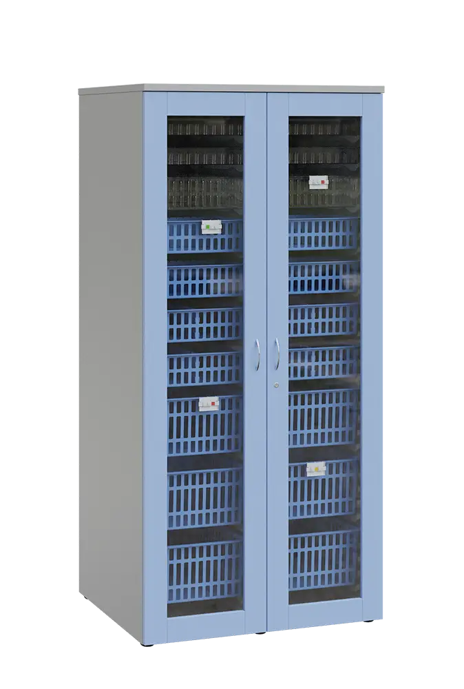 MEDICAL S - 90 skříň léková boxová, 1950 x 900 x 735, prosklená, korpus šedá, dvířka blankyt