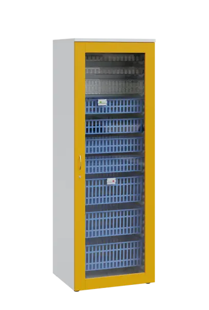 MEDICAL S - 66 skříň léková boxová, 1950 x 660 x 735, prosklená, korpus bílá, dvířka žlutá odio