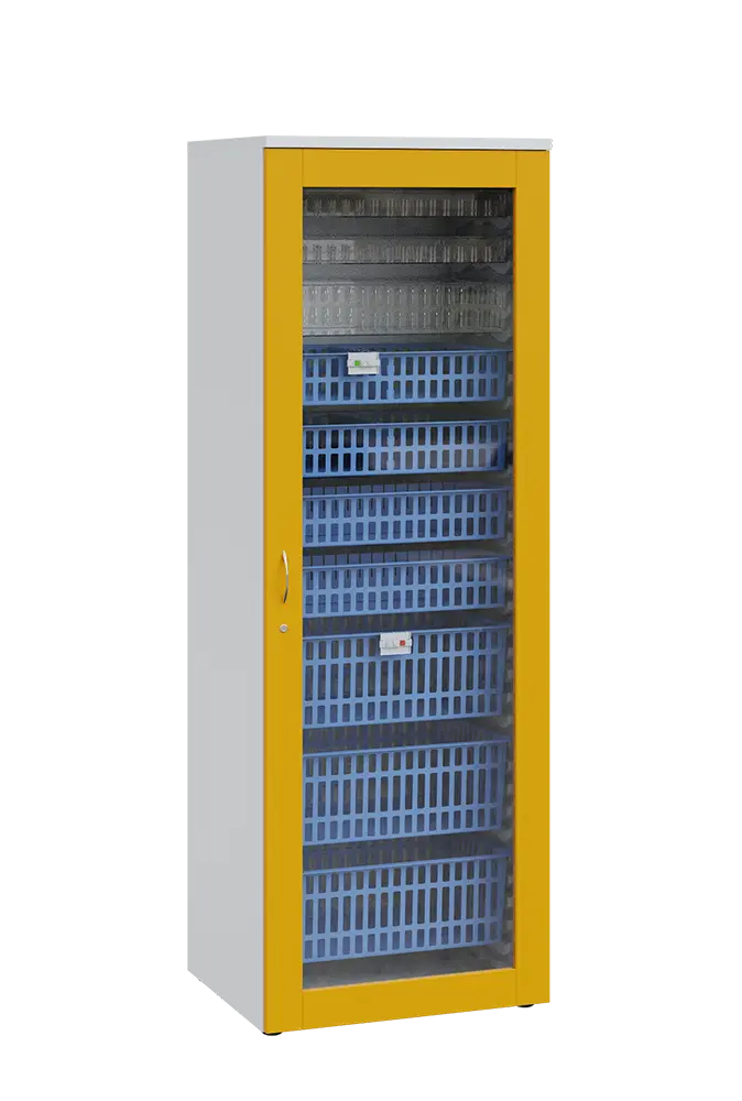 MEDICAL S - 66 skříň léková boxová, 1950 x 660 x 735, prosklená, korpus bílá, dvířka žlutá odio