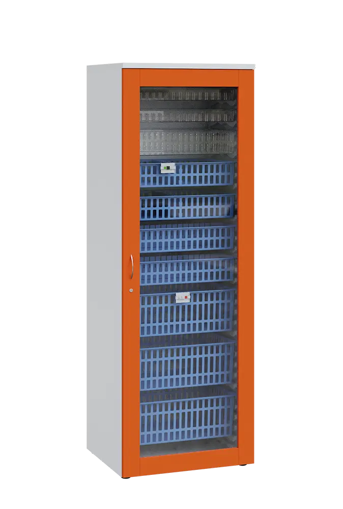 MEDICAL S - 66 skříň léková boxová, 1950 x 660 x 735, prosklená, korpus bílá, dvířka pomeranč