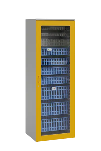 MEDICAL S - 66 skříň léková boxová, 1950 x 660 x 735, prosklená, korpus šedá, dvířka žlutá odio