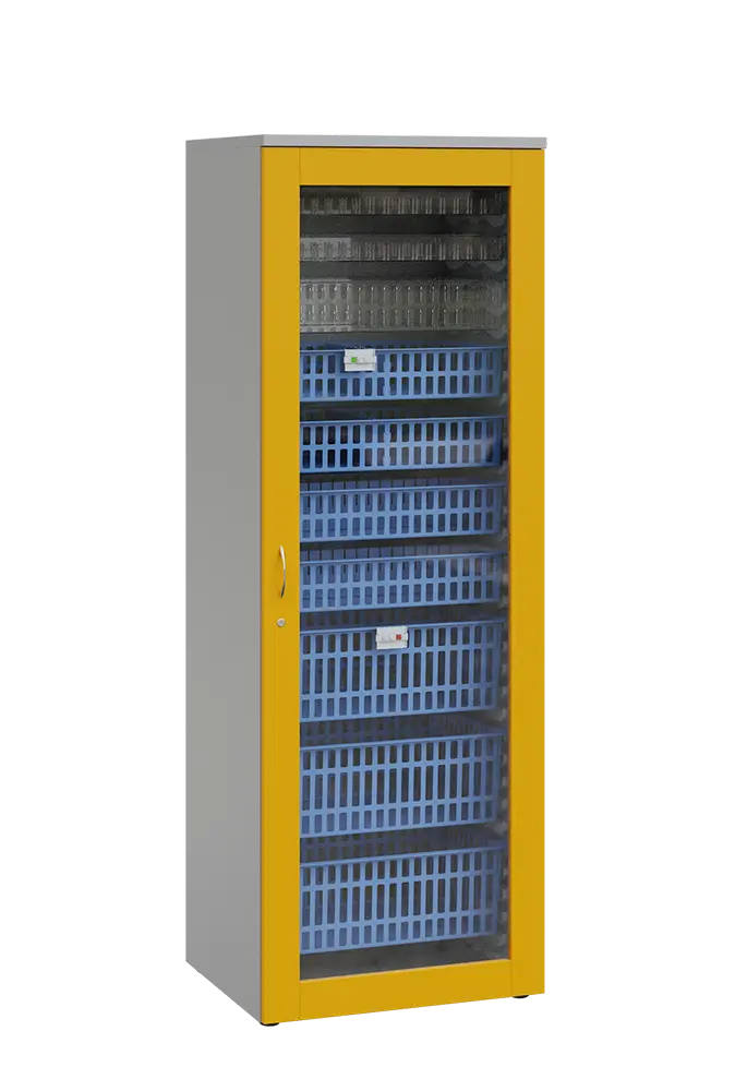 MEDICAL S - 66 skříň léková boxová, 1950 x 660 x 735, prosklená, korpus šedá, dvířka žlutá odio